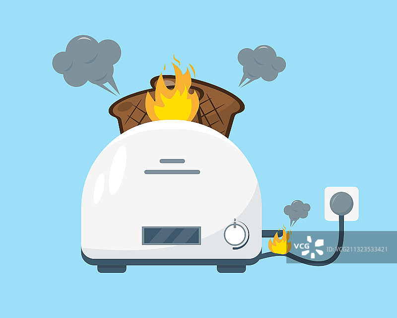 着火冒烟的破损白色烤面包机图片素材