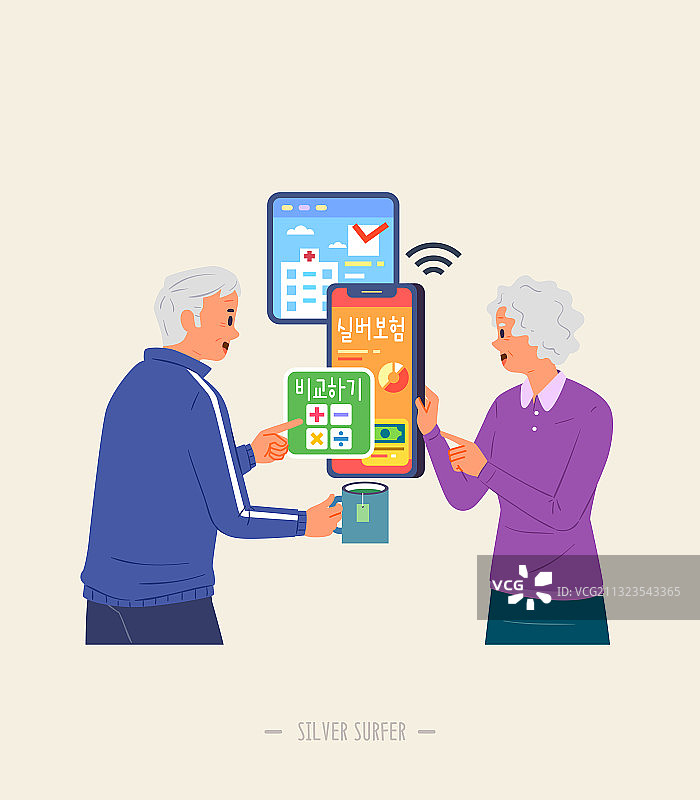 使用智能手机的老年人，移动应用，社交媒体，保险图片素材