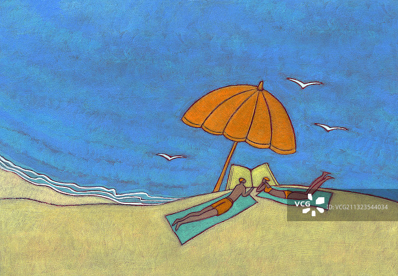 年轻情侣躺在沙滩的绿色毛巾上，在橙色遮阳伞下阅读。插画图片素材