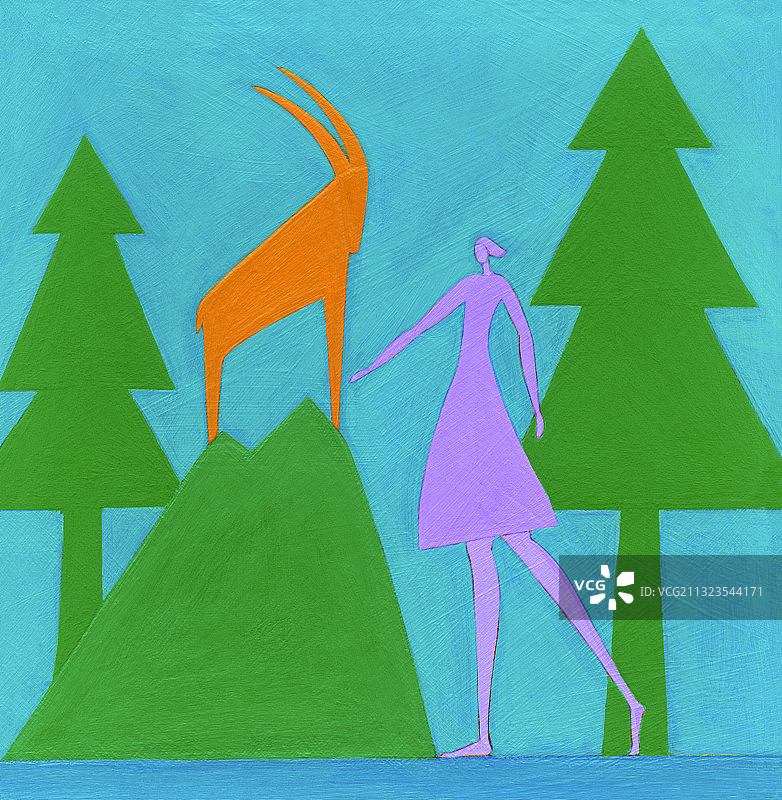 穿着紫色连衣裙的女人和野生山羊，摩羯座的星座标志插图图片素材