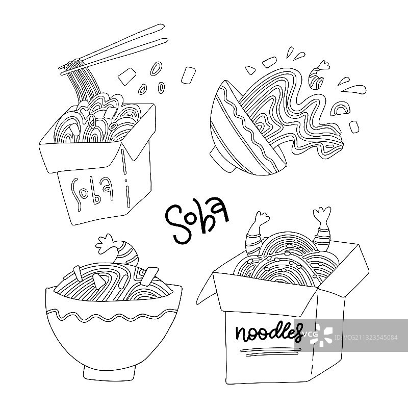 碗装荞麦面和盒子扁平线条图片素材