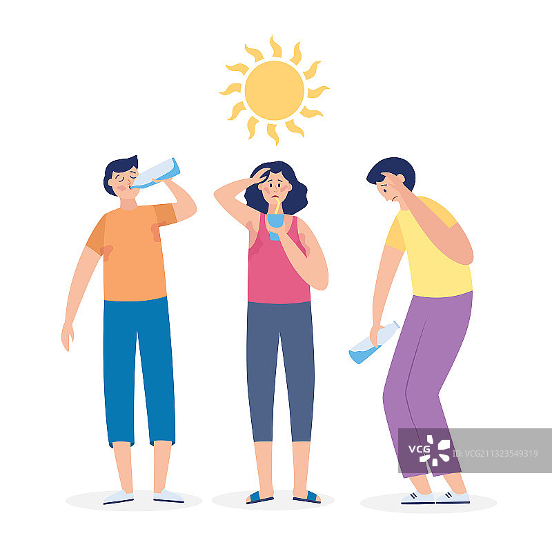 卡通人物与夏季中暑风险扁平化设计图片素材