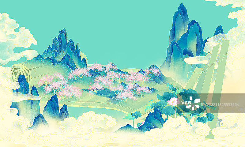 青山竹简祥云桃花林中国文化国潮插画图片素材