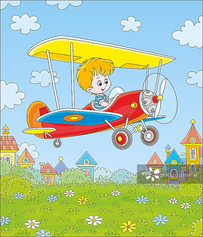 小飞行员驾驶飞机飞越城镇图片素材