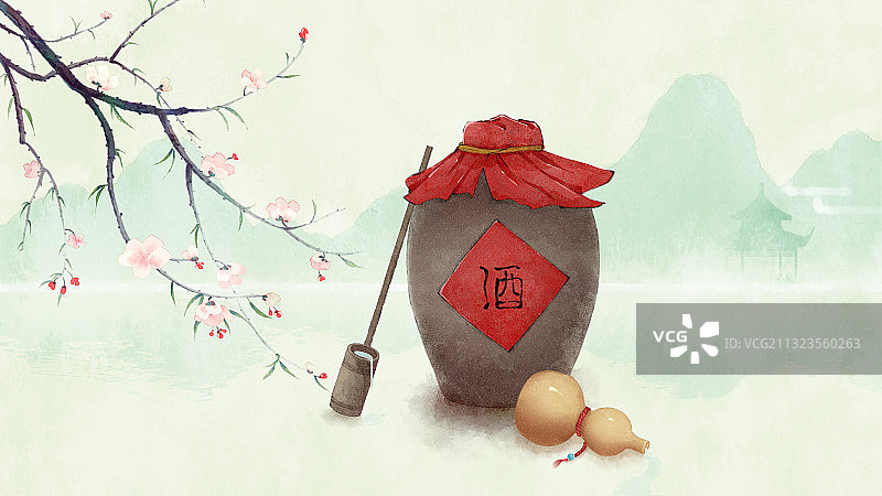 古风水彩春天酒坛花枝葫芦图片素材