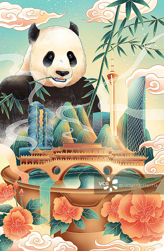四川成都大熊猫与城市风景图片素材