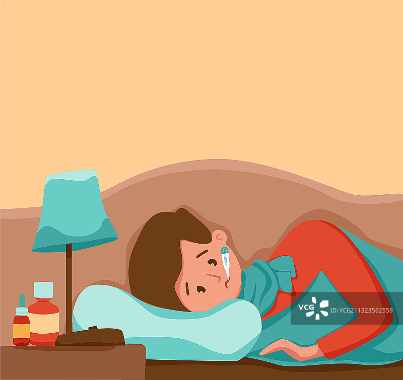 口含温度计发烧的生病儿童图片素材