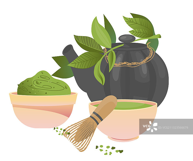 抹茶绿茶饮用器具和茶叶扁平设计图片素材