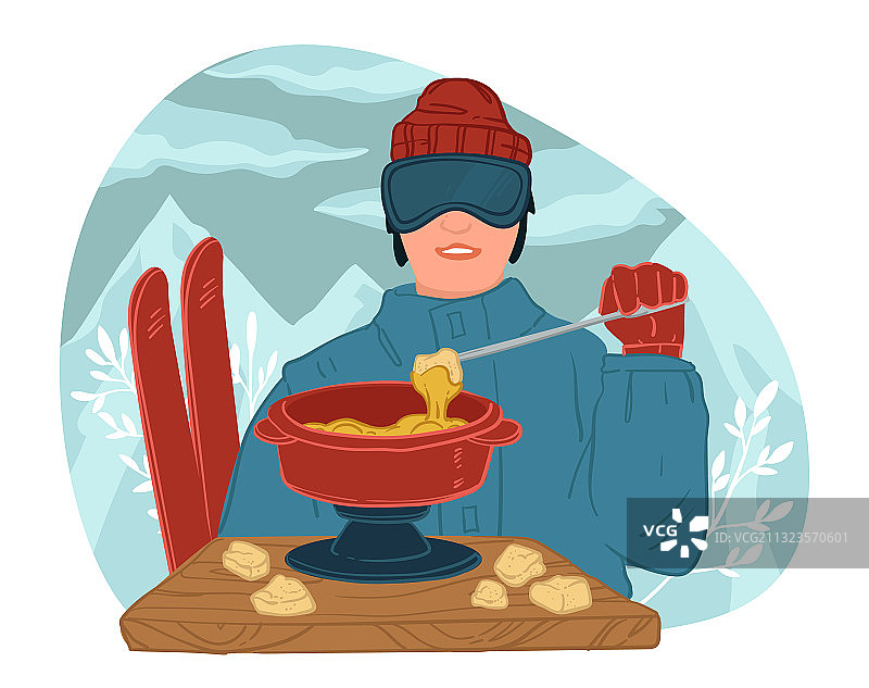 滑雪者在户外度假胜地喝热奶油汤图片素材