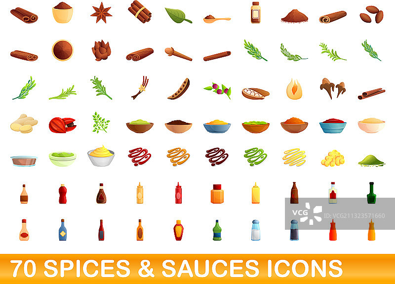 70种香料和调味酱卡通风格图标图片素材