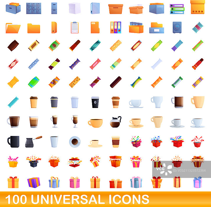 100个通用图标设置卡通风格图片素材