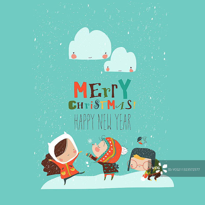 在雪地里玩耍的快乐卡通儿童图片素材