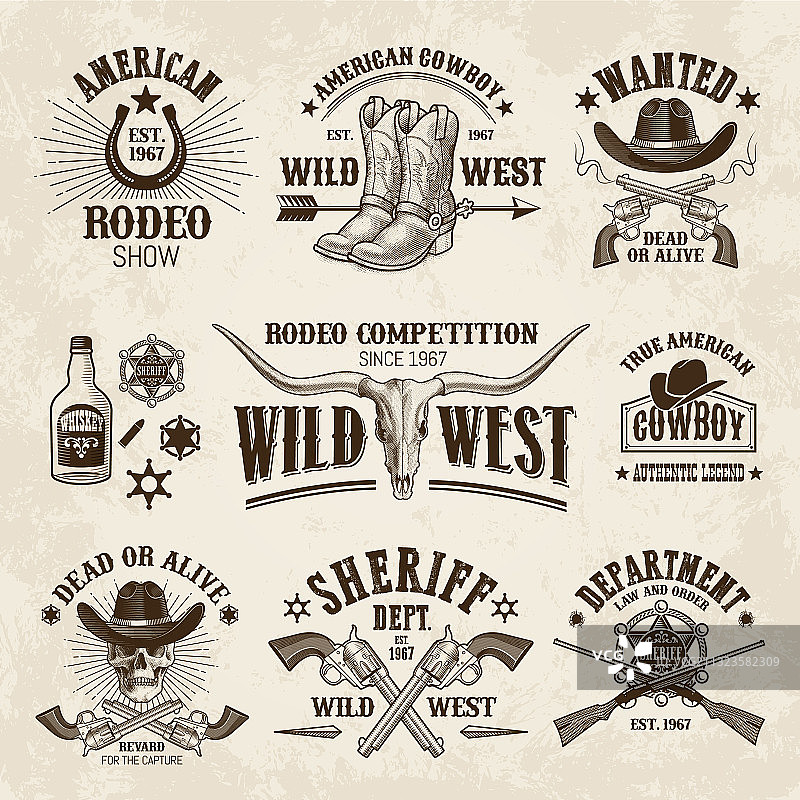 复古西部标签和徽章套装图片素材