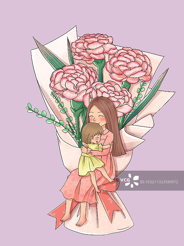 母亲节康乃馨花束母女拥抱图片素材