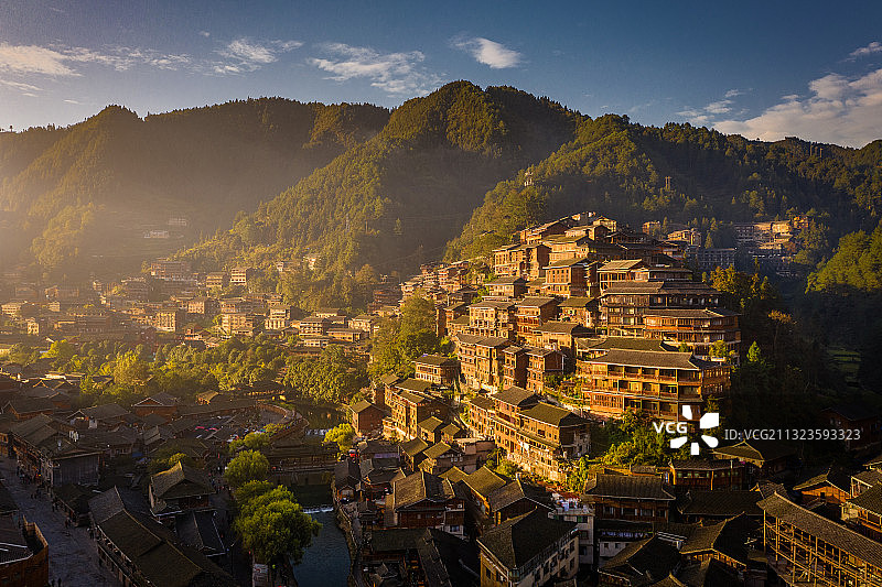 贵州黔东南雷山县西江千户苗寨日出图片素材