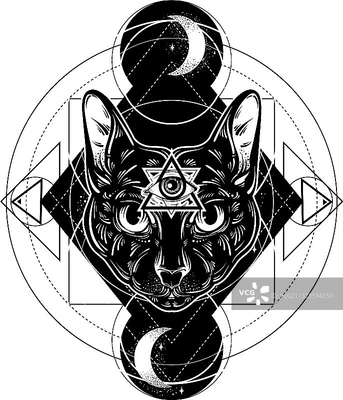 手绘猫咪全视之眼插画图片素材