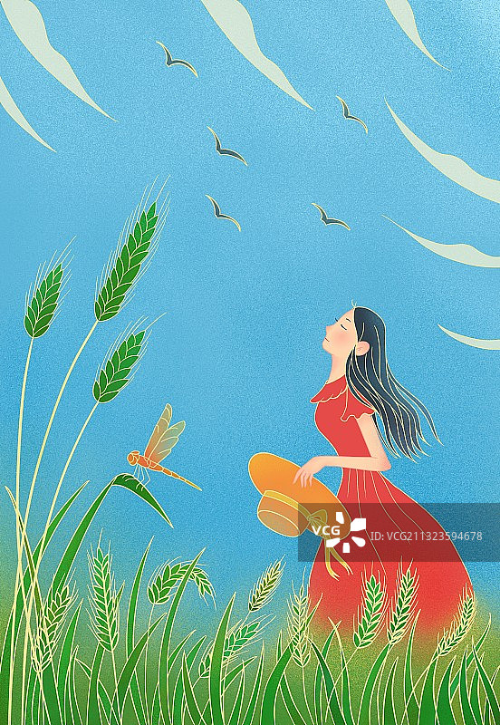 节气,国潮风,小满，稻谷，女孩，蜻蜓，帽子，蓝天，白云图片素材