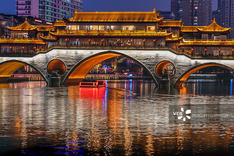 九眼桥、廊桥、观光游船、夜游锦江、锦江夜色、合江亭、行船游曳图片素材