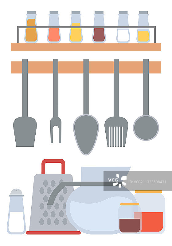 锅铲和叉子与玻璃罐中的香料厨房工具图片素材