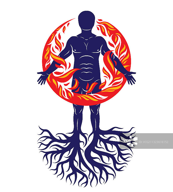 树根火焰背景下的健壮男人图片素材