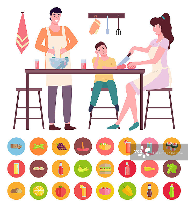 年轻的父母和儿子在厨房一起做饭图片素材