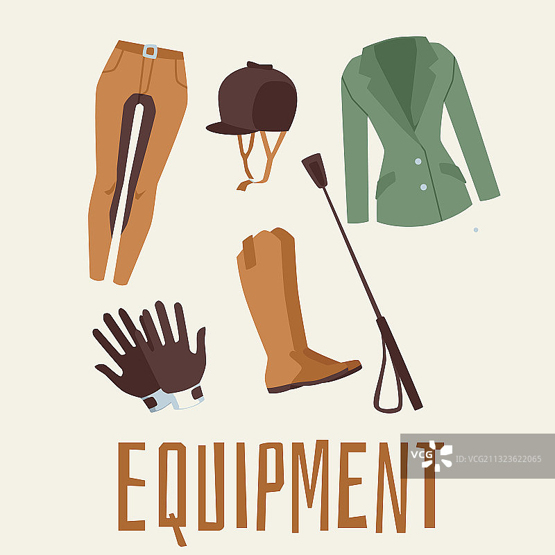 马术运动器材扁平卡通套装图片素材
