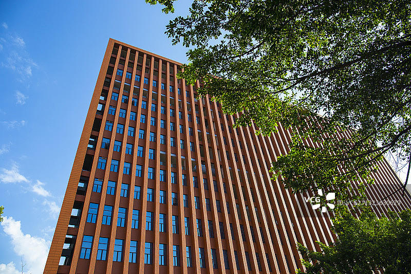 仰望重庆大学的图书馆，很有设计感，蓝天映射在窗户上大气又美丽图片素材