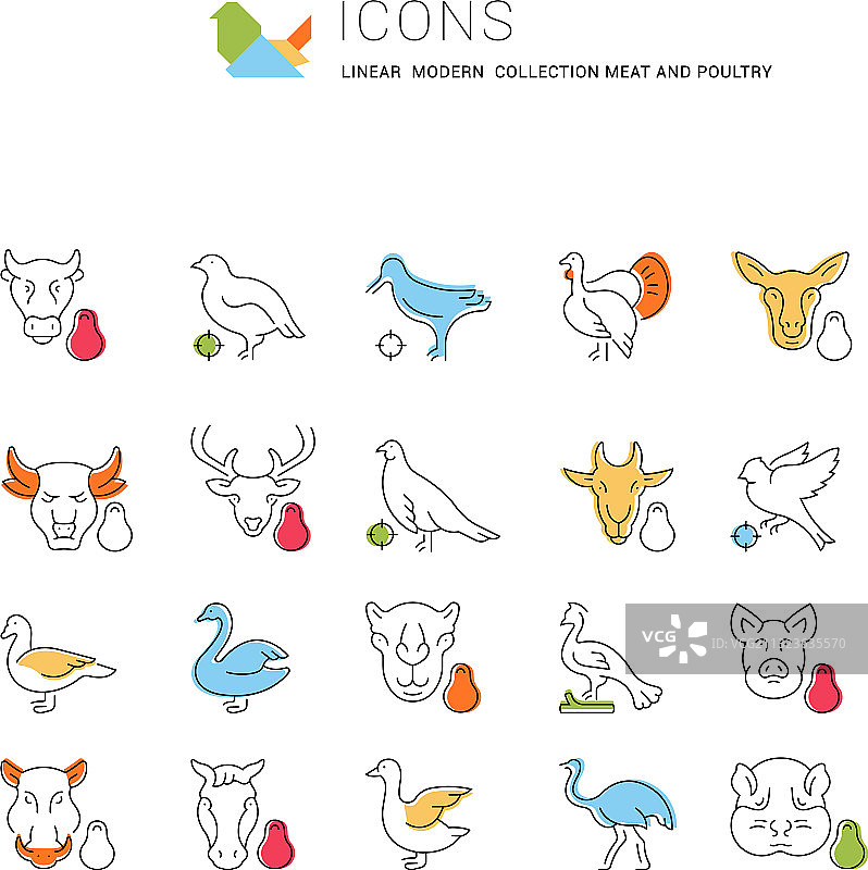 肉类和家禽线性图标集图片素材