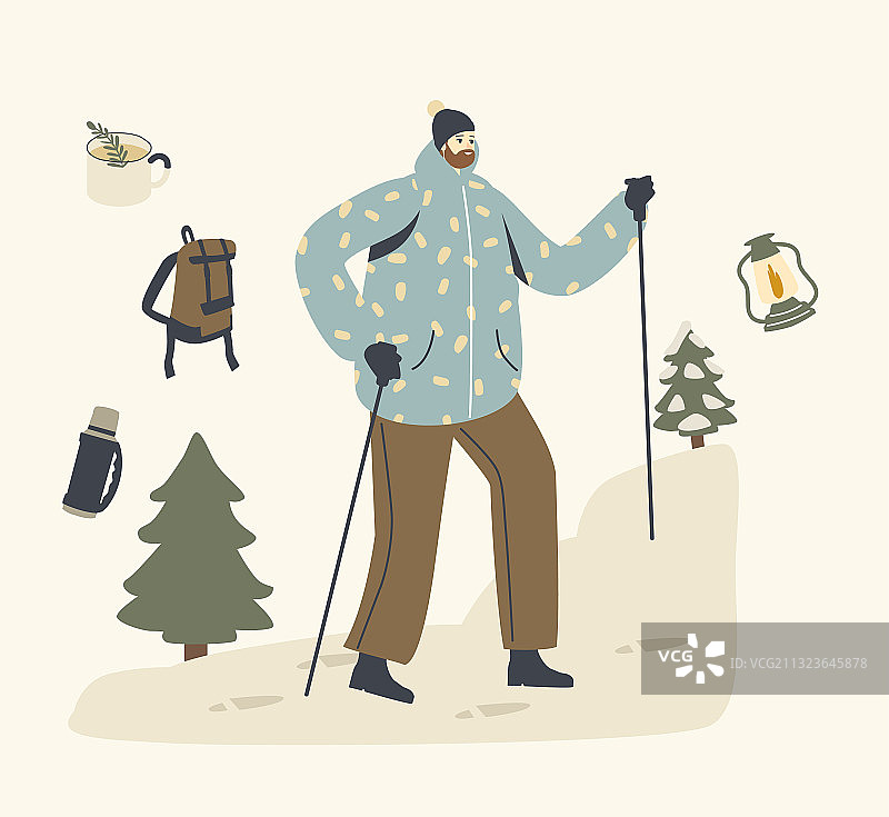 背包客拄着登山杖攀登图片素材