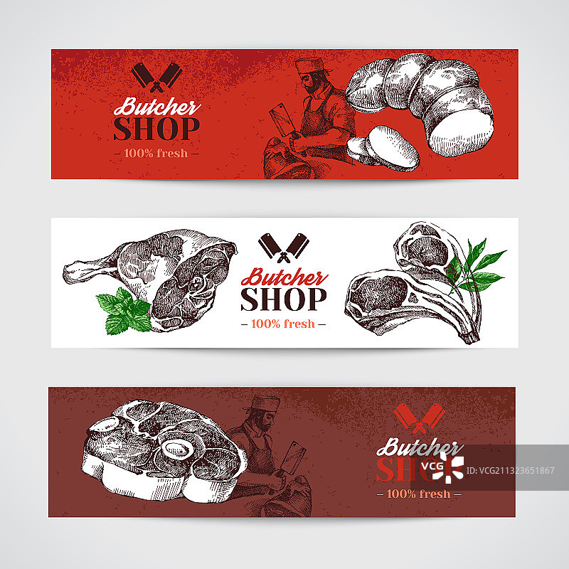 手绘肉制品banner复古套装图片素材