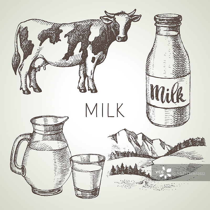 手绘牛奶产品素描图片素材