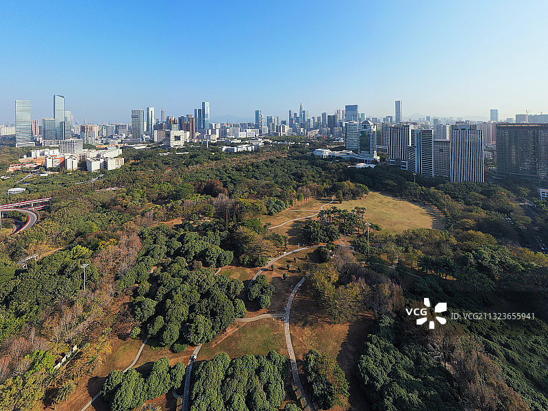 广东省深圳市南山区文体中心荔香公园与汉京大厦航拍图片素材