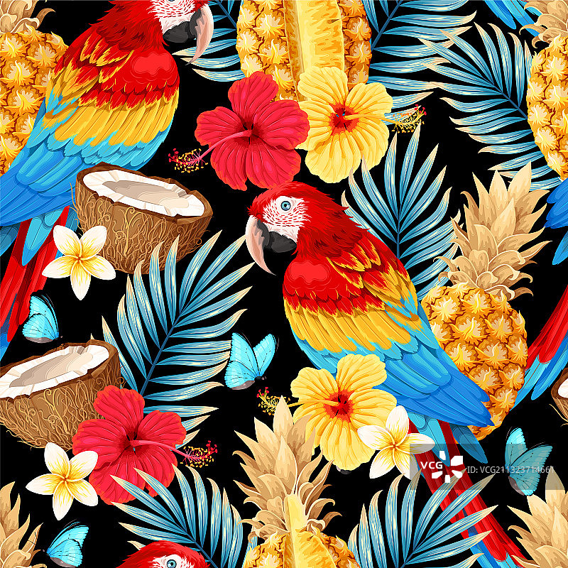 金刚鹦鹉和水果无缝图案图片素材