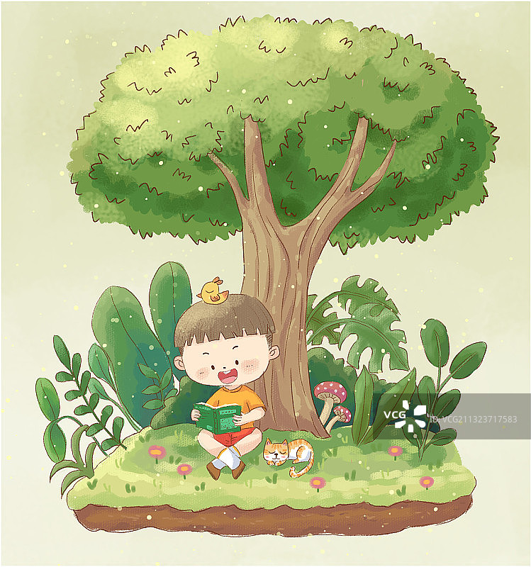 树下阅读的男孩图片素材