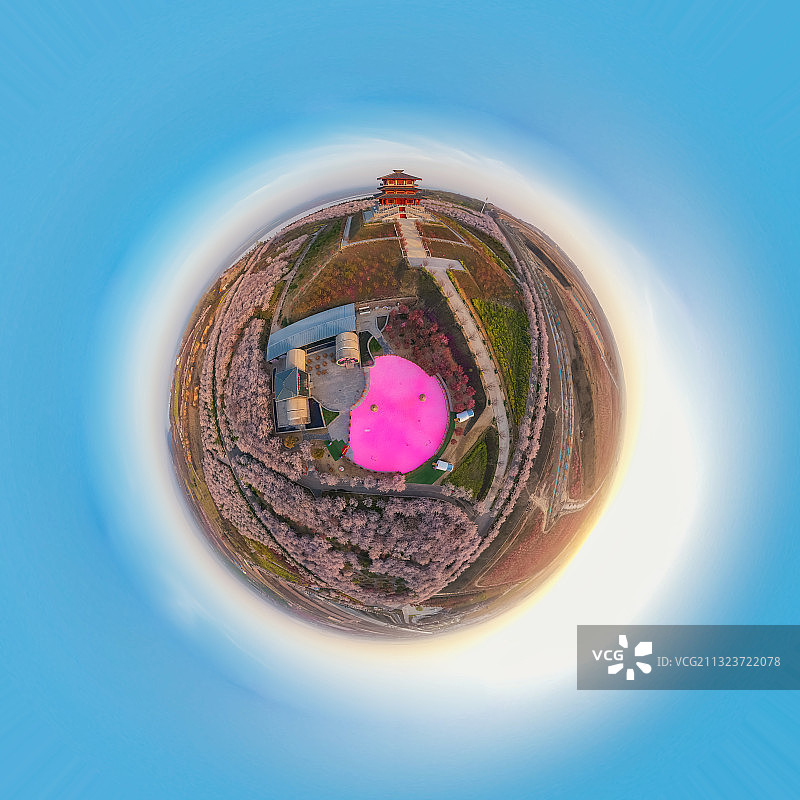 郑州沿黄生态廊道荥阳古柏渡丰乐樱花园星球小行星360度航拍图片素材