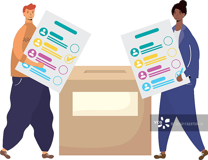 多种族情侣在投票箱中持投票卡图片素材