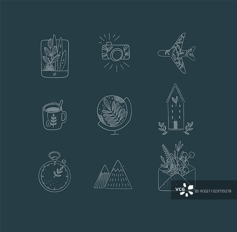 手工花卉图标，深蓝色旅行主题图片素材