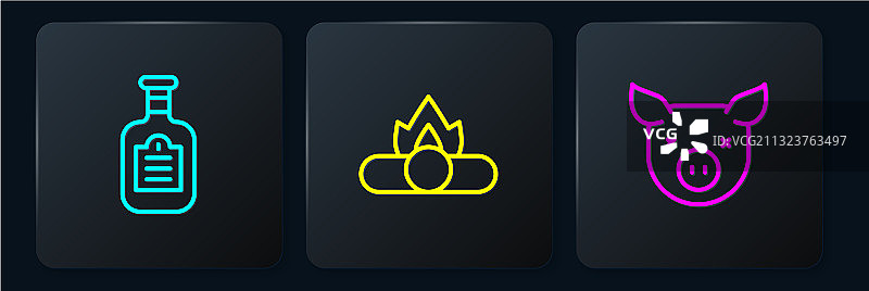 调味瓶、猪和篝火等物品（黑色背景）图片素材