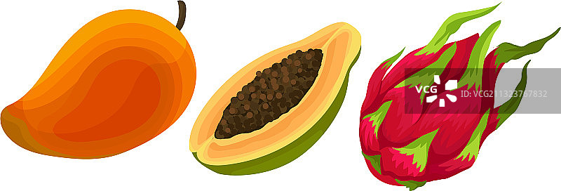 成熟新鲜的芒果和火龙果等异国水果图片素材