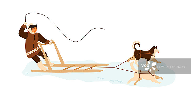 爱斯基摩人在冬天乘坐哈士奇狗拉雪橇图片素材