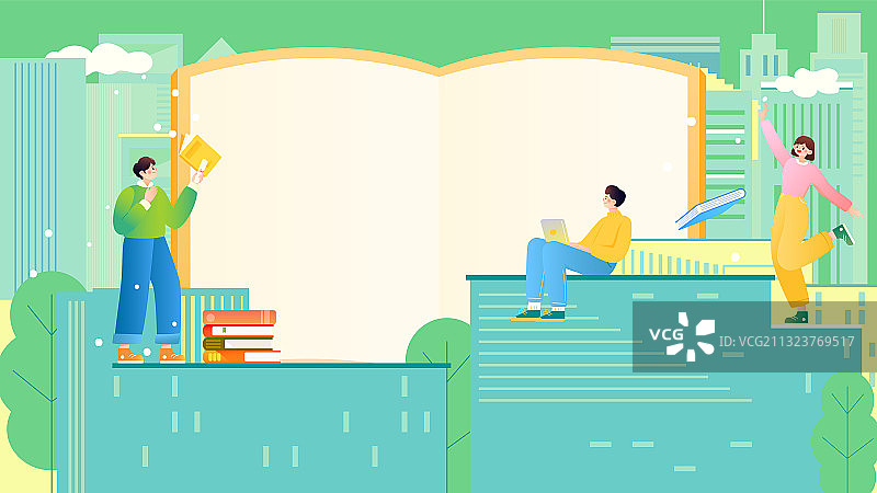 学生坐在楼房上读书学习矢量插画海报横图图片素材
