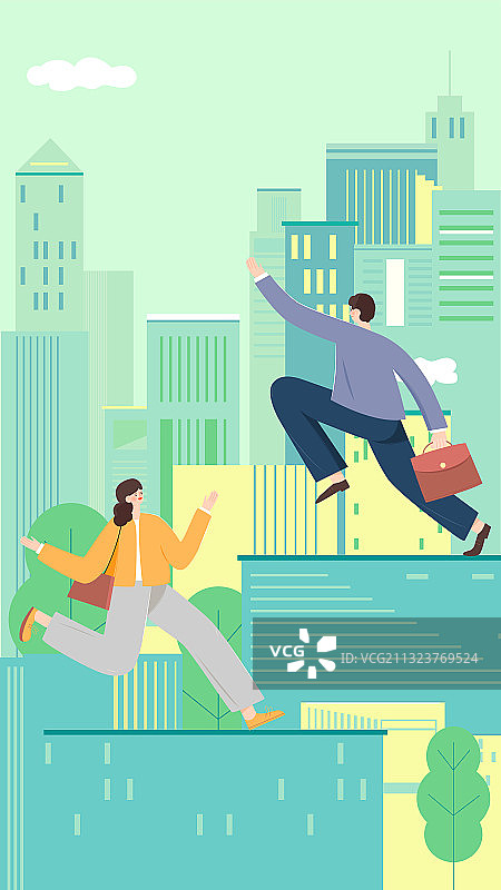 男女背着公文包求职招聘城市建筑矢量插画海报竖图图片素材