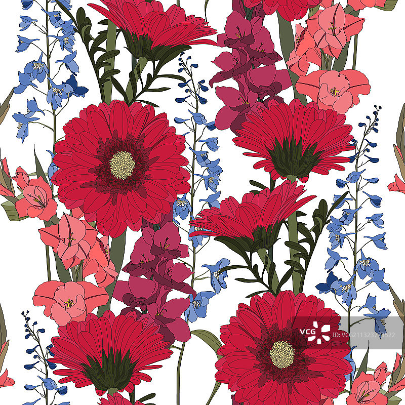 非洲菊飞燕草无缝图案图片素材