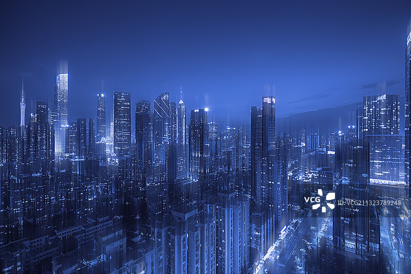 广州城市风光夜景和5G智慧城市大数据科技概念图片素材