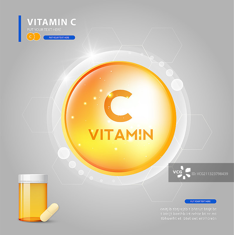 含化学式的金色闪耀维生素C药丸图片素材