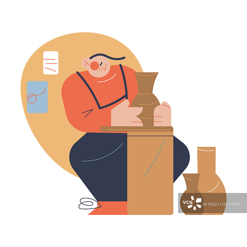 坐着并用粘土制作水罐的阳光男人图片素材