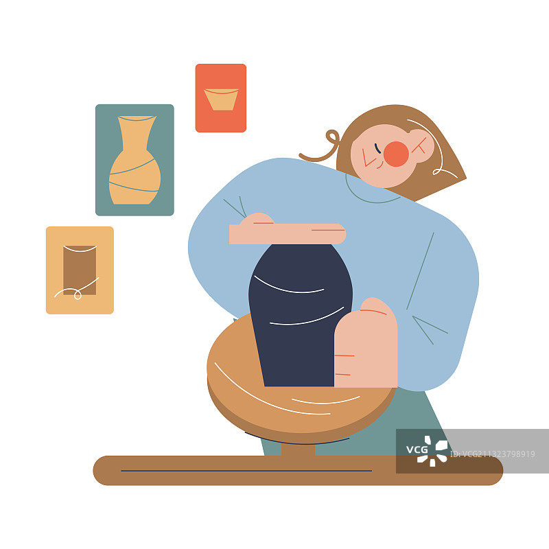 微笑的女孩艺术家制作陶罐图片素材