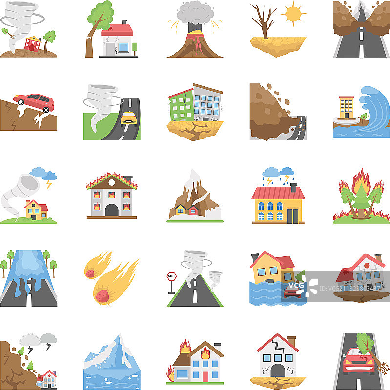 自然灾害扁平图标集图片素材