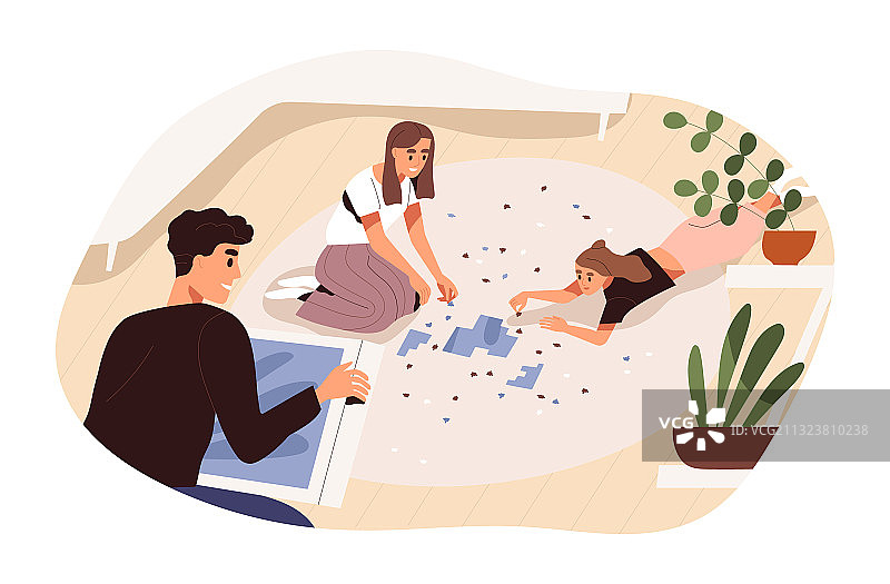 快乐的年轻人一起拼拼图图片素材