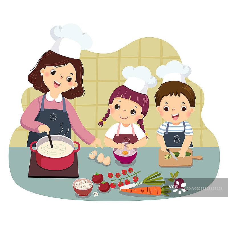 妈妈和孩子们在厨房做饭图片素材